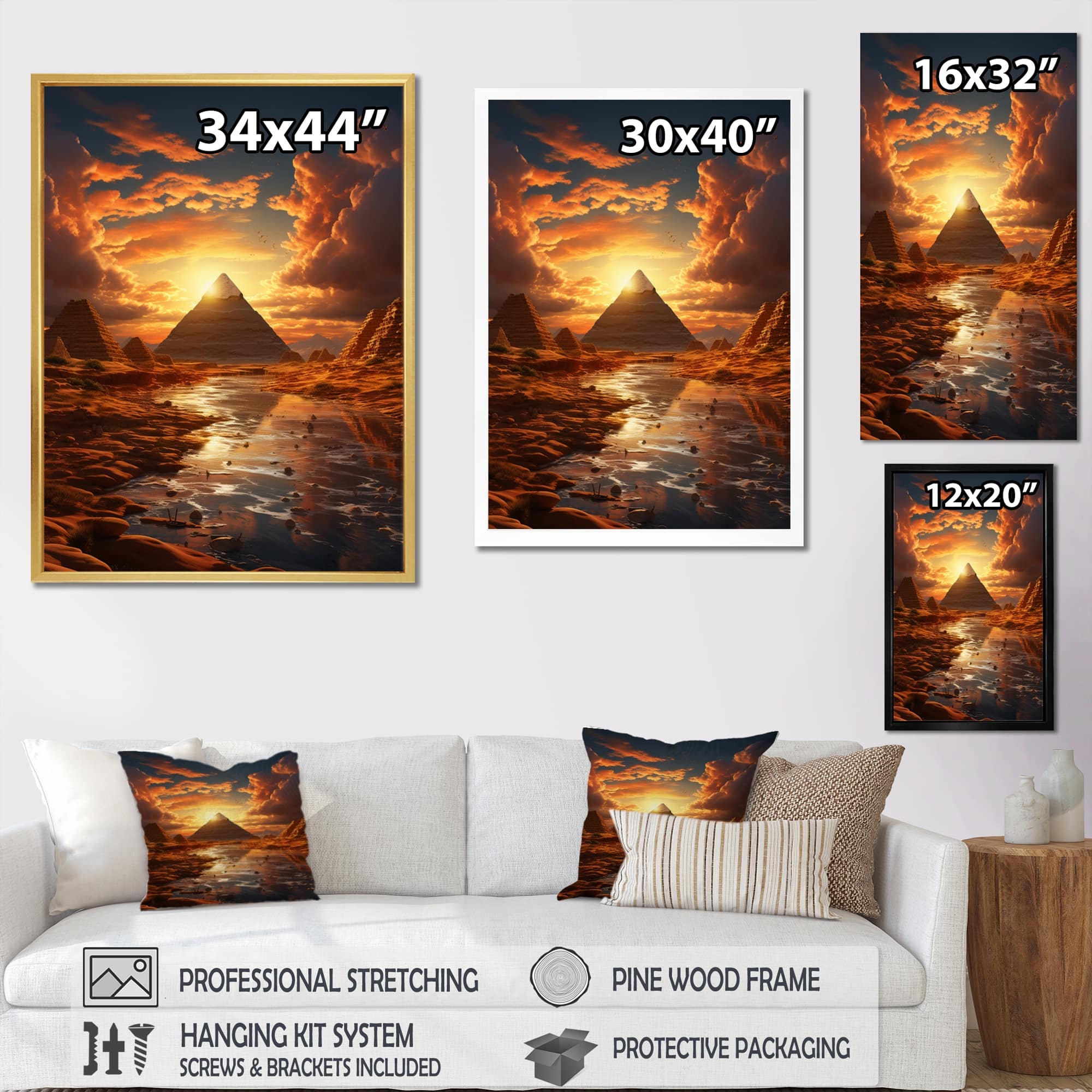 Designart "Egypt Golden Pyramids I" Egypt Framed Canvas Prints Bed
